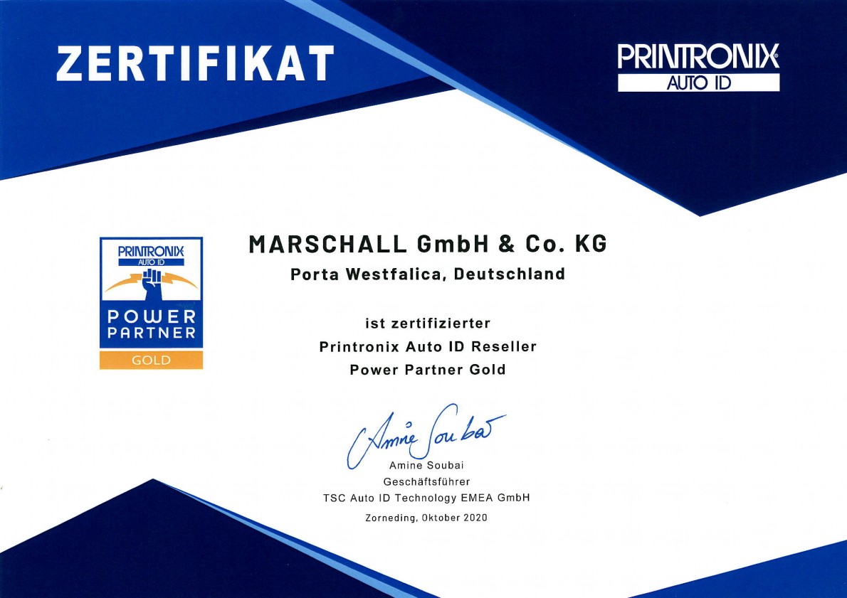 Zertifikat Printronix. Maschall ist zertifizierter Power Partner Gold.