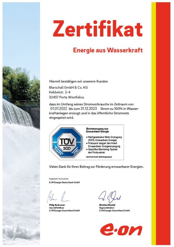 Zertifikat für Energie aus Wasserkraft.